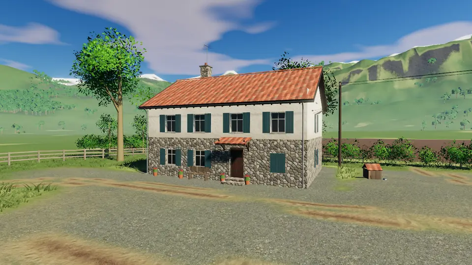 Kiremit çatılı taş çiftlik evi ve avlusu