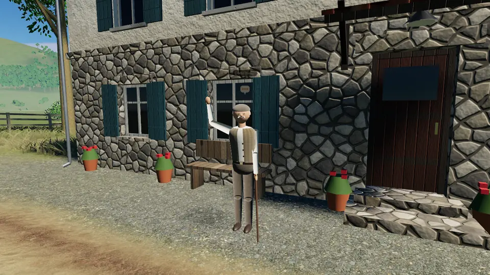 Dede Yusuf, taş çiftlik evinin önünde el sallıyor